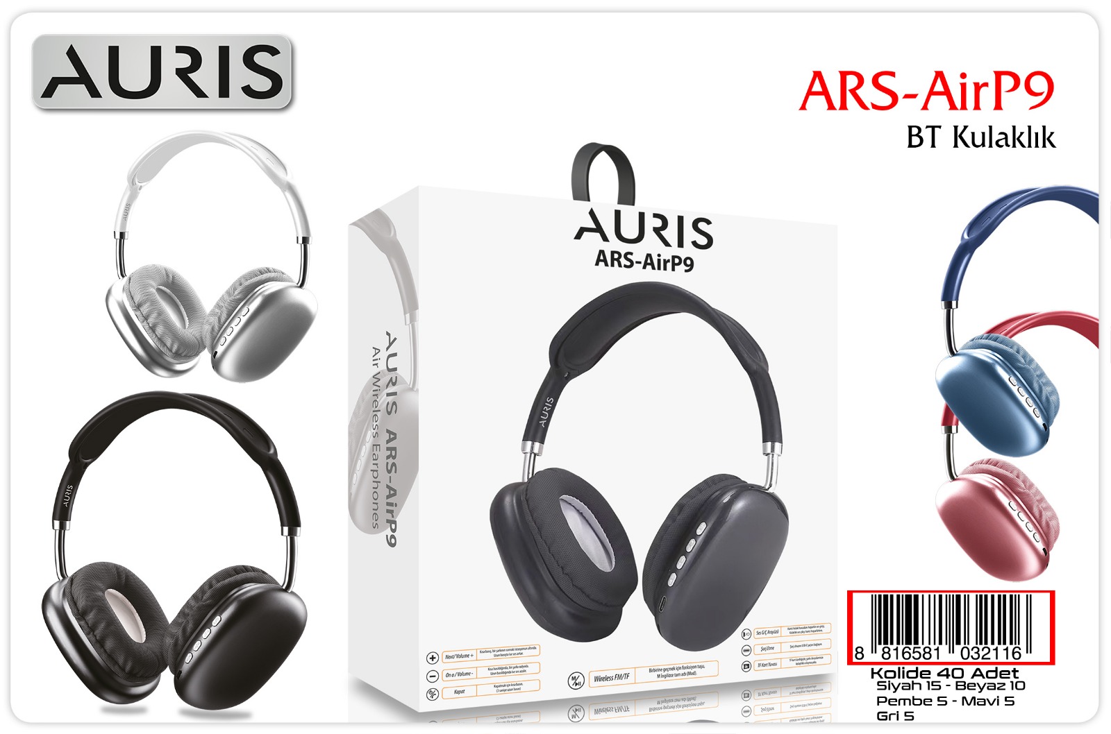 Auris Air P9 Bluetooth Kablosuz Kulaküstü Kulaklık Siyah